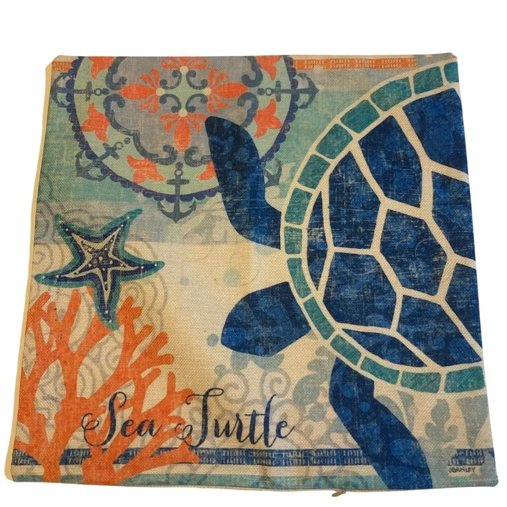 Coastal Sea Life Throw Pillow Covers Set of 4 Blue Orange Nautical 17.5x17.5 NWT